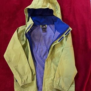 North Face Boys Rain jacket, lime green with blue accents, size 7/8